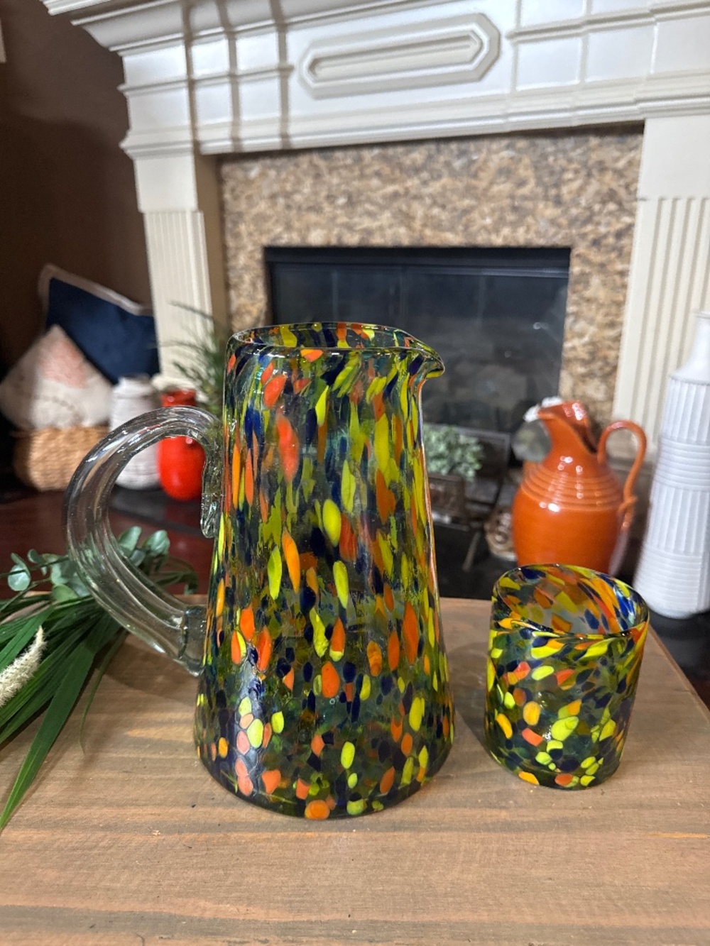 Carnaval Pitcher &  cup Confetti Pattern Handblown Mexican Glass